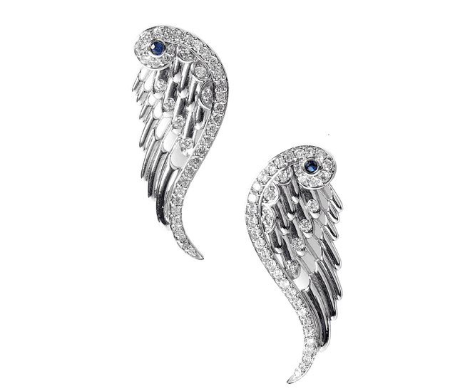 Boucles d'Oreilles Ailes d'Ange Argent Diamants et Saphirs
