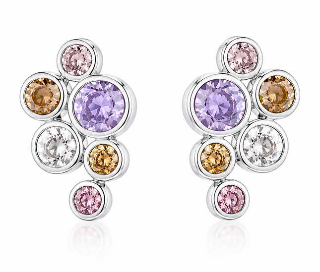 Boucles d'Oreilles Grappe de Cristaux Pastel – Argent Raffiné