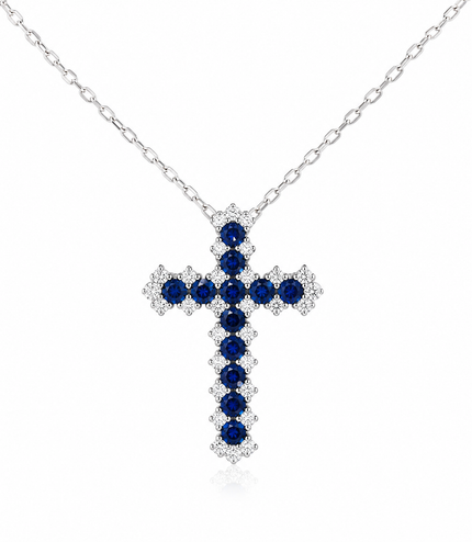 Collier Croix Royale – Saphirs Bleus & Cristaux Étincelants