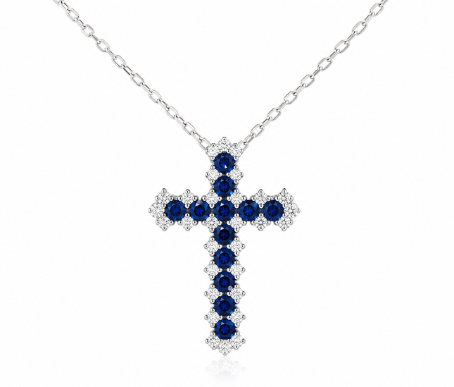 Collier Croix Royale – Saphirs Bleus & Cristaux Étincelants