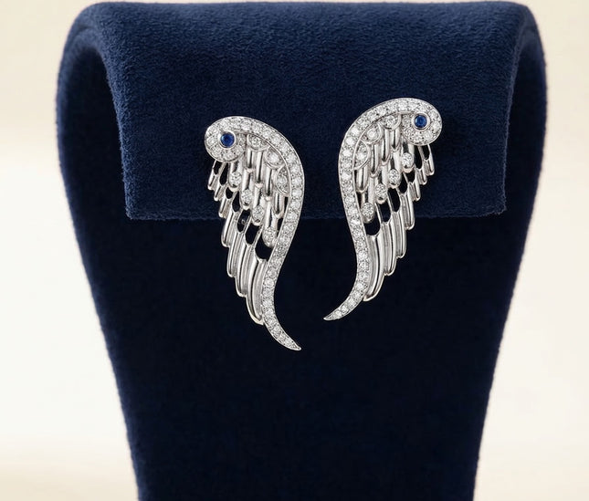 Boucles d'Oreilles ' DIVINE' Ailes d'Ange Argent Diamants et Saphirs